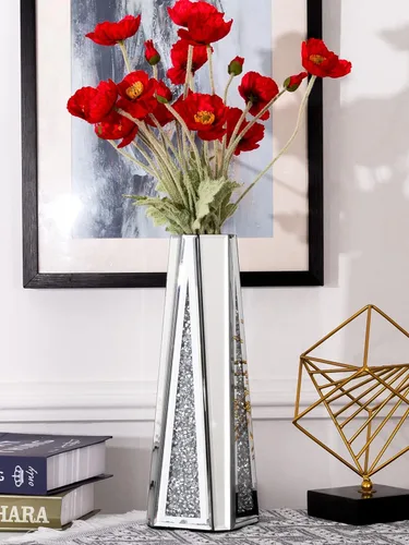SHYFOY Jarrón de flores con espejo de diamante triturado para decoración del hogar, cristal plateado, jarrón decorativo de espejo impresionante,