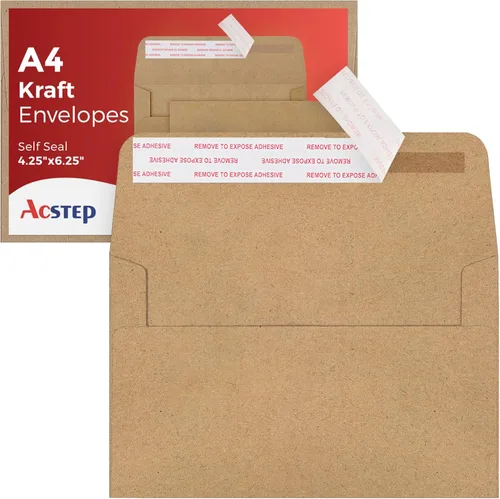 ACSTEP Paquete de 100 sobres A4 de 4-1/4 x 6-1/4 pulgadas, autoadhesivos, papel kraft marrón de 4 x 6 pulgadas, para bodas, invitaciones, fotos,
