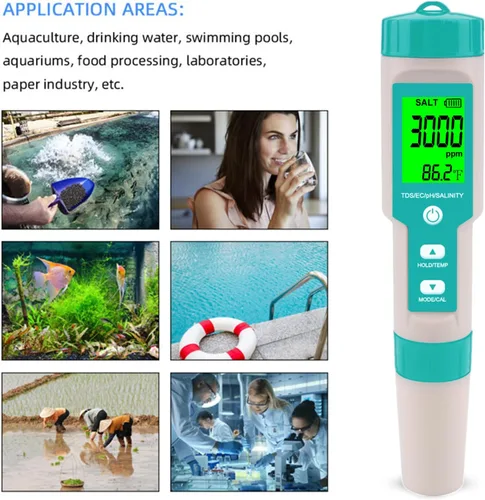 Miniatura 6 de Probador de sal de piscina – Medidor de salinidad multifuncional 5 en 1, PH, TDS, EC y temperatura, kit de prueba de salinidad de piscina, probador