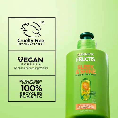 Miniatura 7 de Garnier Fructis Sleek & Shine Crema acondicionadora sin enjuague para cabello encrespado y seco, queratina vegetal + aceite de argán, 10.2 onzas