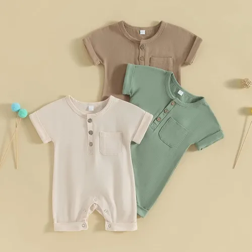Miniatura 2 de Mubineo Mameluco de manga corta para bebé, niño, niña, verano, otoño, básico, liso, con botones