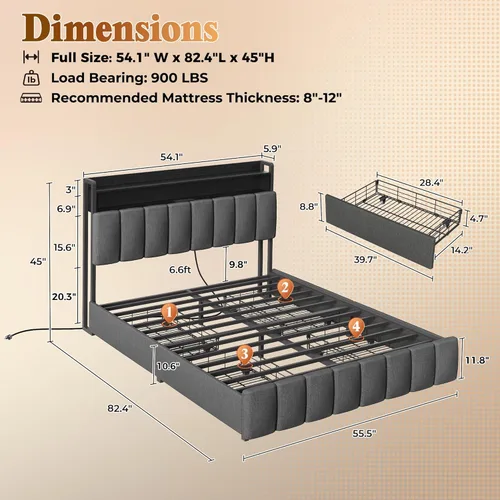Miniatura 2 de PRAISUN Base de cama de tamaño matrimonial con cabecera tapizada y estación de carga, marco de cama de metal de tamaño matrimonial con 4 cajones
