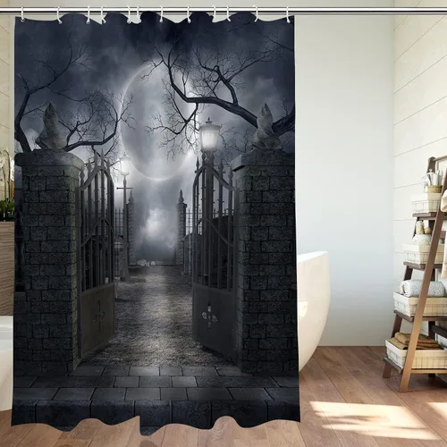 Miniatura 3 de Cortina de ducha de Halloween para baño, noche aterradora, patio, puerta, luna espeluznante, árbol muerto, lámpara de calle, poliester, impermeable