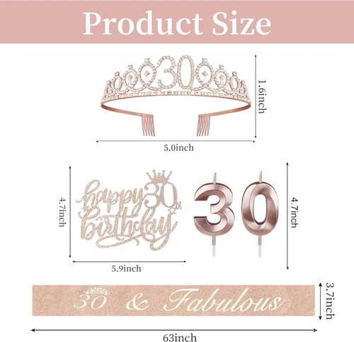 Miniatura 7 de Decoraciones de cumpleaños número 30 para ella, incluyendo banda, corona/tiara, velas, decoración de pastel, regalos de cumpleaños 30 para ella