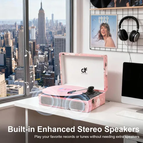 Miniatura 5 de Tocadiscos de vinilo Bluetooth con altavoces integrados, tocadiscos portátil vintage con diseño floral, fonógrafo de vinilo de 3 velocidades