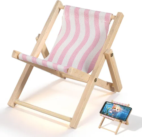 Beavorty Silla de playa Soporte para teléfono móvil Soporte de escritorio de madera y lona para silla de playa de madera en miniatura, soporte para