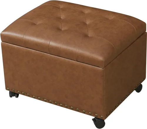 Miniatura 14 de Otomana de cuero con almacenamiento, 24 pulgadas, reposapiés otomanos con tapa con bisagras, taburetes tapizados rectangulares, con cabeza de clavo