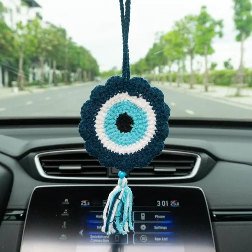 Talataca Adorno de ganchillo para automóvil de ojo malvado – Dije de espejo retrovisor de ojo azul turco hecho a mano, decoración colgante de 4