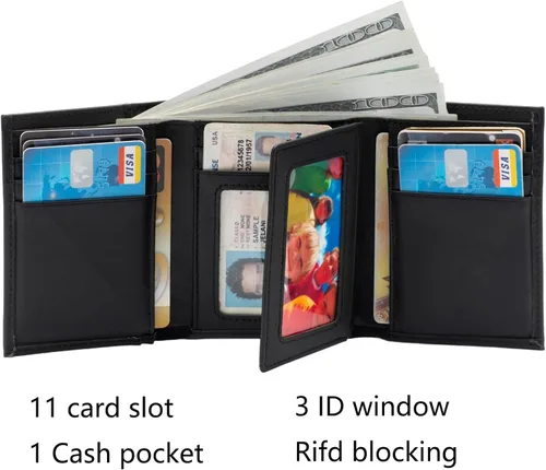 Miniatura 2 de Billetera de cuero para hombre, con bloqueo RFID, de piel auténtica, triple pliegue, Negro -, Cartera Rfid