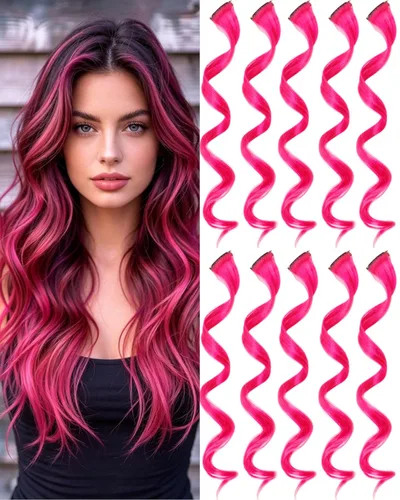 Miniatura 21 de 10 extensiones de cabello sintético rizado y ondulado negro con clip, reflejos de fiesta de neón arcoíris, accesorios de cabello coloridos