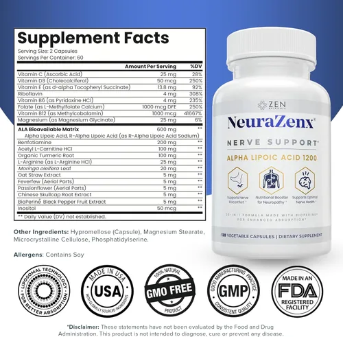 Miniatura 2 de Zen Nutrients NeuraZenX Suplemento de Apoyo Nervioso y Apoyo para Neuropatía Periférica con 1200mg de Ácido Alfa Lipoico (ALA), Benfotiamina