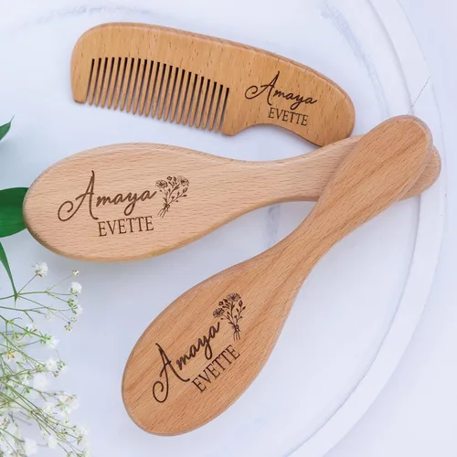 Miniatura 7 de Juego de cepillos personalizados para el pelo del bebé, caja de regalo de cepillo y peine de madera grabada personalizada para bebés, niñas y niños