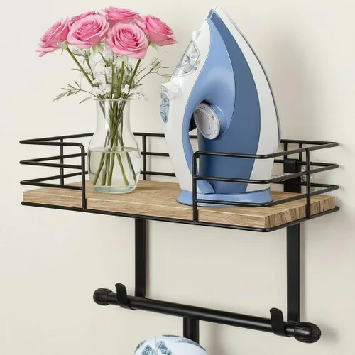 Miniatura 10 de Soporte para tabla de planchar de pared, colgador de metal para tabla de planchar con estante, decoración de cuarto de lavado y accesorios, soporte