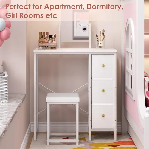 Miniatura 8 de Escritorio pequeño de 27.5 pulgadas con espejo y silla, juego de tocador de maquillaje compacto con silla, tocador pequeño con 3 cajones de tela