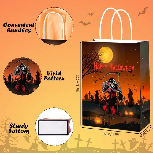 Miniatura 2 de BLEWINDZ 24 bolsas de regalo de papel de Halloween con pañuelos, bolsas de golosinas de Halloween con asa para truco o trato y recuerdos de fiesta