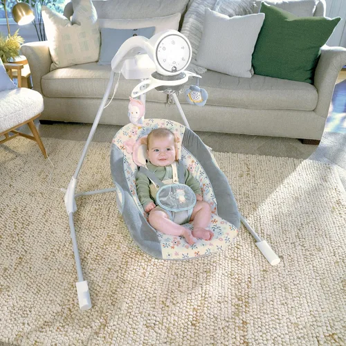 Miniatura 10 de Ingenuity InLighten - Columpio para bebé de 5 velocidades, asiento giratorio para bebé, arnés de seguridad de 5 puntos, sonidos naturales, luces