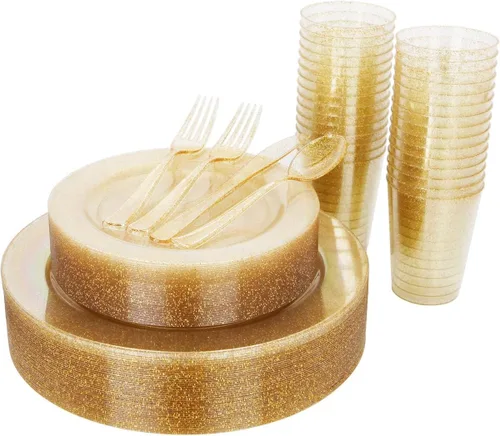 Miniatura 17 de WELLIFE Juego de vajilla desechable de 600 piezas color dorado y blanco para 100 invitados, platos de plástico blanco con borde dorado, platos