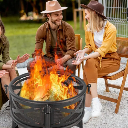Miniatura 7 de Breezz Fogata de leña de 26 pulgadas con parrilla de cocina y pantalla de chispas, hoguera redonda de metal para exteriores, patio, fiesta