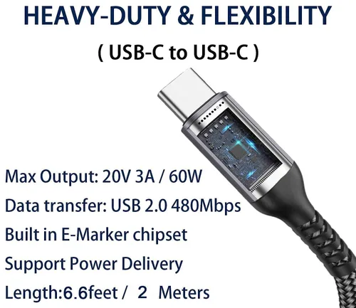 Miniatura 5 de Cables USB C a USB C de 60 W (paquete de 2 de 6.6 pies), cable tipo C a tipo C, cable de carga rápida compatible con iPhone 15, MacBook Pro/Air