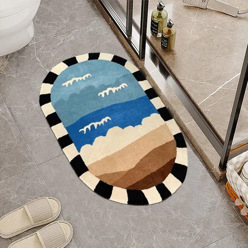 Miniatura 5 de Alfombra de baño ovalada de 16 x 24 pulgadas, tapete absorbente lavable de dibujos animados para niños, tapete suave de cachemira sintética a rayas