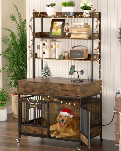 Miniatura 10 de Petrova Mueble de jaula para perros de 47 pulgadas para perros grandes/medianos, resistente para interiores con etiqueta de nombre, jaula de madera