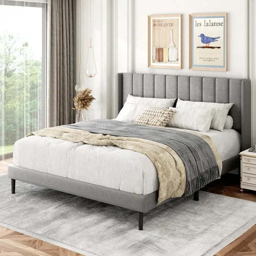 Miniatura 6 de Gruwans Base de cama tamaño Queen con cabecera de cama tapizada con respaldo abatible, base de cama de plataforma de fácil montaje, soporte de claro