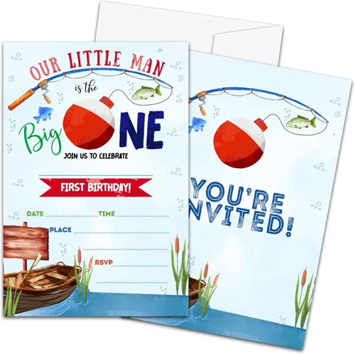 Invitaciones de primer cumpleaños de pesca con sobres, 20 piezas de invitaciones para fiesta de cumpleaños de niños con texto en inglés «Our Little