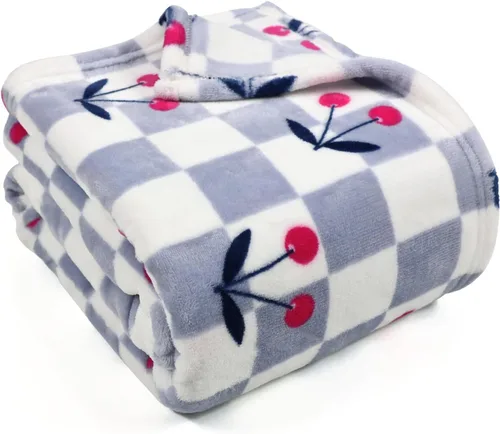 Manta de cereza para niños, 50 x 60 pulgadas, suave y acogedora manta azul a cuadros para niñas y niños pequeños, ideal para decoración del hogar y
