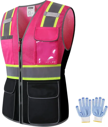 Miniatura 19 de Chaleco de seguridad para mujer, múltiples bolsillos, de alta visibilidad, reflectante, malla transpirable, chaleco de trabajo para dama, cremallera