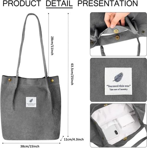 Miniatura 64 de Ayieyill - Bolsa de pana para mujer y niña, con correa de lona para colgar al hombro, bolsa con bolsillo