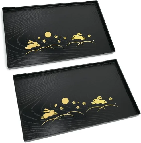 Miniatura 11 de JapanBargain, Juego de 2 bandejas de servir lacadas japonesas, diseño Sakura, bandejas de plástico ligeras para té y sushi, 8-7/8 x 7-7/8 pulgadas