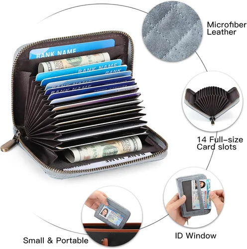 Miniatura 3 de FALAN MULE Cartera de Cuero para Tarjetas de Crédito con Bloqueo RFID Pequeña para Mujeres con Muñequera, Azul claro, Vintage