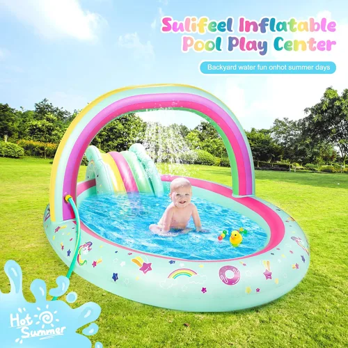 Miniatura 2 de SULIFEEL Centro de Juegos Inflable de Unicornio Arcoíris Piscina para Niños con Tobogán y Aspersor para Niños, 96"x59"x39" pulgadas Piscina