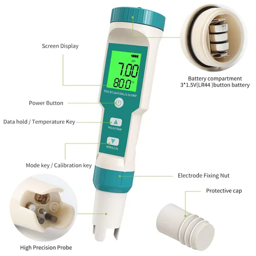 Miniatura 2 de Medidor de pH, 7 en 1 pH/TDS/EC/ORP/S.G/Medidor de salinidad/temperatura con medidor de pH ATC, medidor de agua de alta precisión de resolución