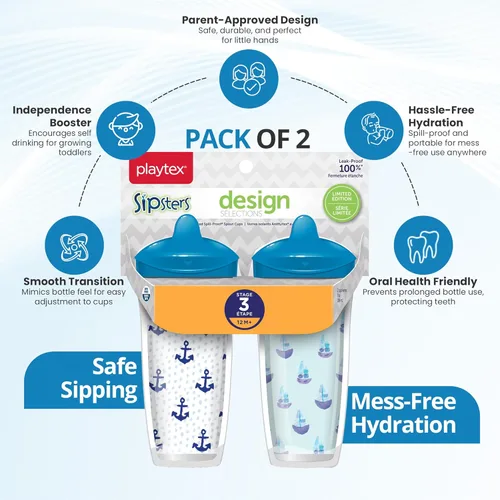 Miniatura 4 de Playtex Baby Sipsters - Vaso para sorber de boquilla dura para más de 12 meses, 9 onzas (2 unidades), diseño de ancla azul y velero, botella de agua