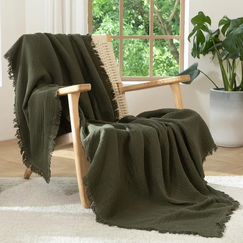 Miniatura 17 de MooMee - Manta de muselina 100% algodón, manta de 4 capas de gasa con borlas, ultra suave, transpirable, ligera y refrescante para cama y sofá Verde