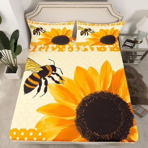 Miniatura 9 de Juego de ropa de cama de nido de abeja, sábana bajera ajustable de abeja para niños y niñas, diseño geométrico de vida silvestre voladora, juego