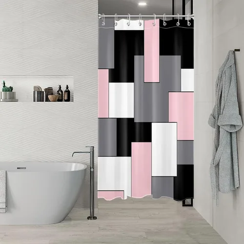 Miniatura 3 de HVEST Cortina de ducha moderna rosa con ganchos, cortina de ducha geométrica abstracta gris y blanco para baño, juego de cortina de ducha