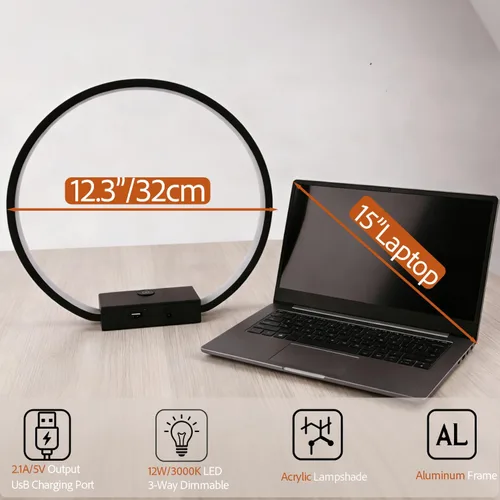 Miniatura 3 de Lámpara de mesa LED circular con control táctil, regulable de 3 vías, lámpara de mesita de noche con puerto USB, lámparas de mesa modernas, 12 W