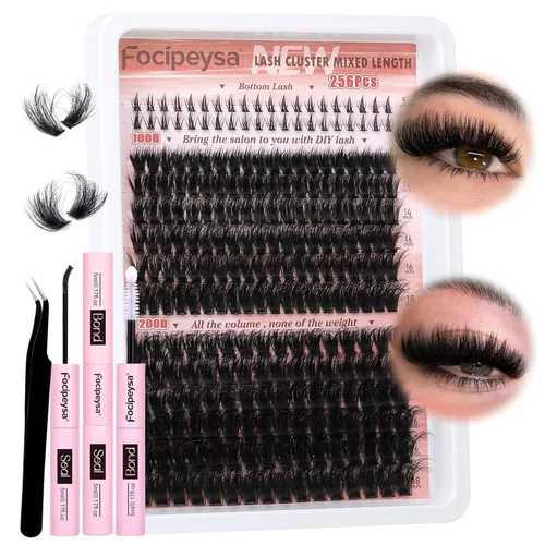 Miniatura 20 de Focipeysa Kit de Extensión de Pestañas D Curl Clusters de Pestañas 280pcs Kit de Extensión de Pestañas DIY 40D Pestañas Individuales con Adhesivo