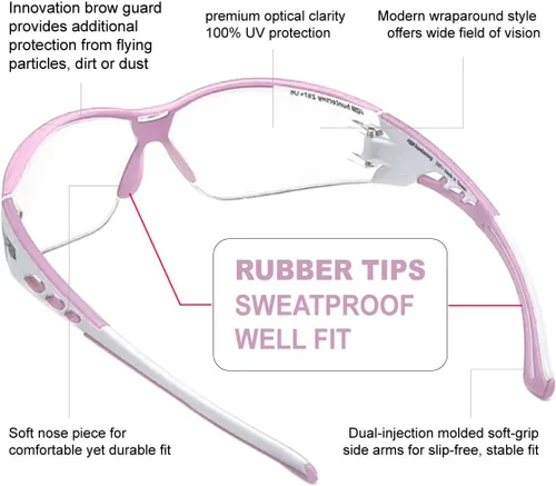 Miniatura 6 de HTS HUNTERSKY Gafas de seguridad de tiro envolventes U6 transparentes, antiniebla y antiarañazos, ligeras y súper flexibles con ANSI Z87.1 Rosa