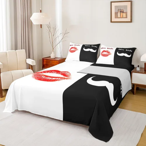 Miniatura 14 de Dog Side My Side - Juego de sábanas de tamaño Queen, color negro y blanco, sábana bajera ajustable para mujeres y hombres, sábanas románticas