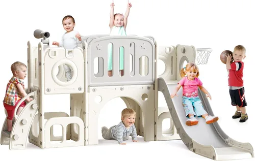 Miniatura 8 de MOCUTEEN Juego de escalador y tobogán 8 en 1 para niños pequeños con aro de baloncesto - Zona de juegos para interiores y exteriores, centro de Verde