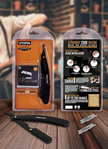 Miniatura 2 de Utopia Care - Rasuradora de seguridad profesional, para peluquero, de borde recto, con 100 cuchillas Derby, 100 % acero inoxidable, (negro)