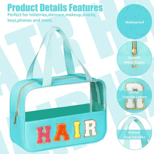 Miniatura 3 de BuyCard Bolsas de Viaje Transparentes con Parche de Letra de Chenilla, Bolsa de Maquillaje Preppy de PVC y Nylon con Asa y Cremallera, Bolsa