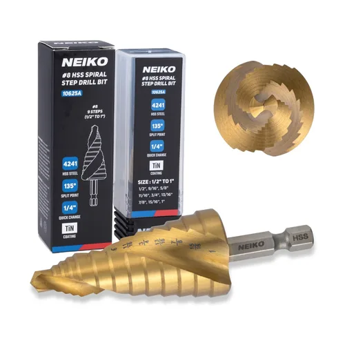 Miniatura 24 de NEIKO 10602A Step Drill Bit, 13 Steps 1/8" to 1/2" Spiral High Speed Steel, Titanium Nitride Coated, 1/4" Quick Change Step Bits for Steel, Metal