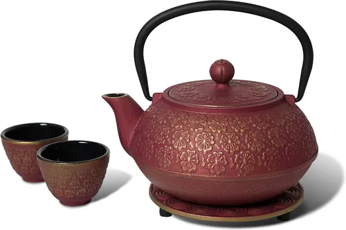 Miya Scarlet Blossom - Juego de tetera y taza de té de hierro fundido de 34 onzas con colador y salvamanteles, rosa