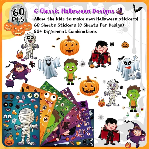 Miniatura 2 de LINAYE 60 hojas de calcomanías de Halloween para niños pequeños, haz tus propias calcomanías, relleno de bolsas de golosinas de Halloween