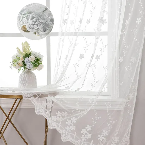 Miniatura 4 de WUBODTI Cortinas de encaje blanco de lujo de 63 pulgadas de largo, 2 paneles para dormitorio, bonitas cortinas bordadas florales de vid con ojales