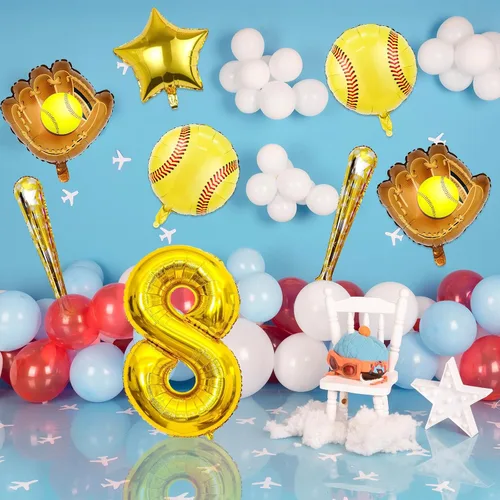 Miniatura 6 de 9 globos de sóftbol – Globos de papel de aluminio Mylar con número de cumpleaños de sóftbol – Suministros y decoraciones para fiestas (8vo)